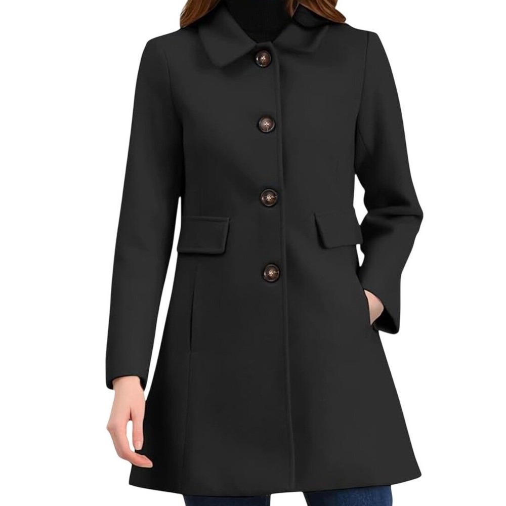Allegra K Black Winter Vintage Peter Pan Collar Single‎ Breasted Coat Womens M